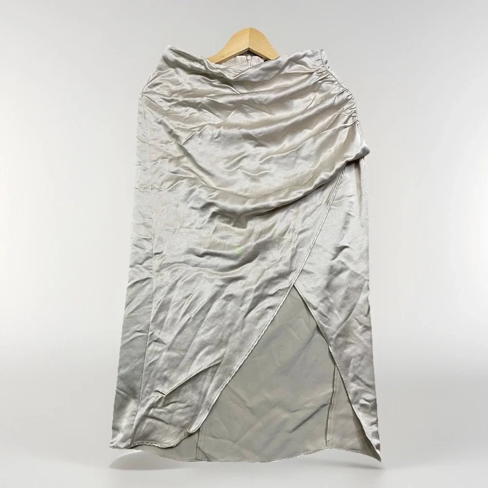 Zara Satin Wrap Midi Skirt Women's‎ Medium Beige Champagne Ruched Side Slit Y2K